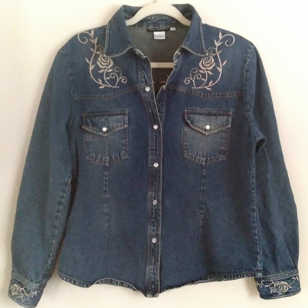 For Joseph Western Denim Cowgirl Shacket Shirt Pearl Snap Floral Embroidery‎
